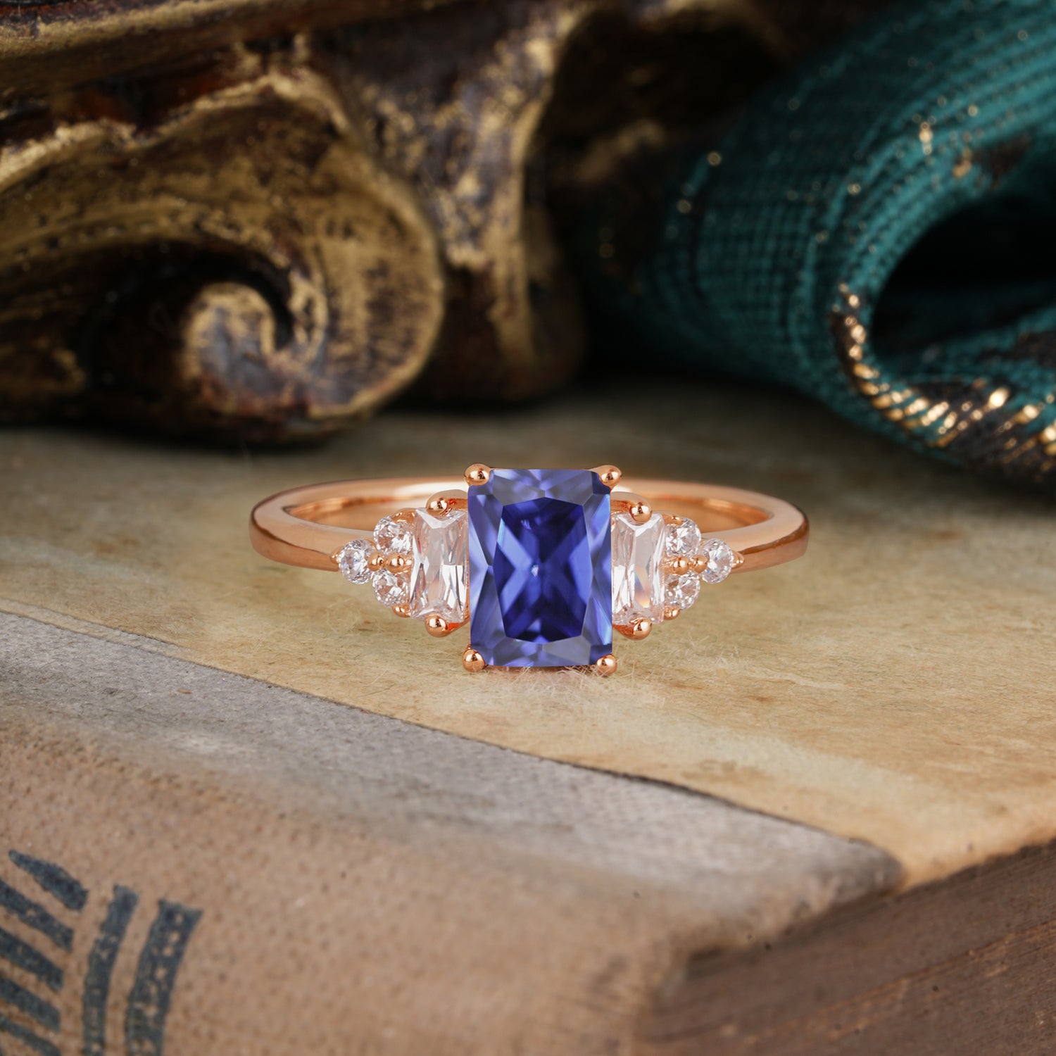 1 Carat Emerald Cut Tanzanite Engagement Ring Classic Side Stone Engagement Ring