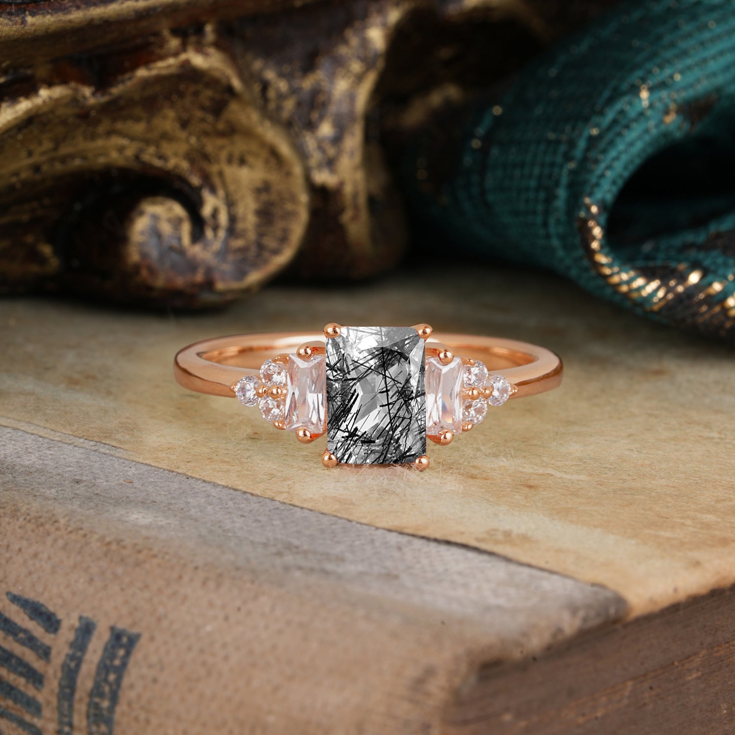 1 Carat Emerald Cut Black Rutilated Quartz Engagement Ring Classic Side Stone Engagement Ring