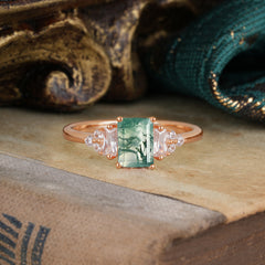 1 Carat Emerald Cut Moss Agate Engagement Ring Classic Side Stone Wedding Ring