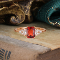 1 Carat Emerald Cut Garnet Engagement Ring Classic Side Stone Wedding Ring