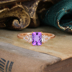 1 Carat Emerald Cut Amethyst Engagement Ring Classic Side Stone Wedding Ring