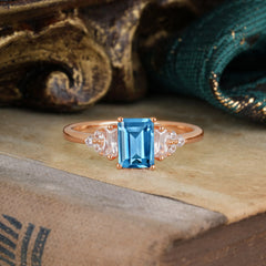 1 Carat Emerald Cut Aquamarine Engagement Ring Classic Side Stone Wedding Ring