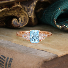 1 Carat Emerald Cut Aquamarine Engagement Ring Classic Side Stone Wedding Ring