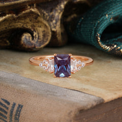 1 Carat Emerald Cut Alexandrite Engagement Ring Classic Side Stone Wedding Ring