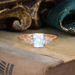 1 Carat Emerald Cut Natural Moonstone Engagement Ring Classic Side Stone Wedding Ring