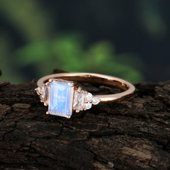 1 Carat Emerald Cut Moonstone Engagement Ring Classic Side Stone Wedding Ring