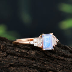 1 Carat Emerald Cut Moonstone Engagement Ring Classic Side Stone Wedding Ring