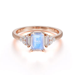 1 Carat Emerald Cut Moonstone Engagement Ring Classic Side Stone Wedding Ring
