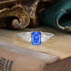 1 Carat Emerald Cut Sapphire Engagement Ring Classic Side Stone Wedding Ring