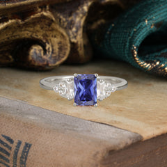 1 Carat Emerald Cut Tanzanite Engagement Ring Classic Side Stone Wedding Ring