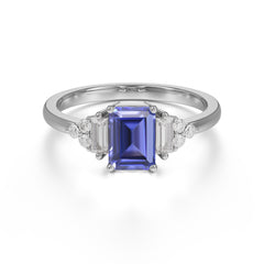 1 Carat Emerald Cut Tanzanite Engagement Ring Classic Side Stone Wedding Ring