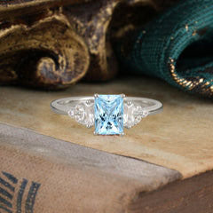 1 Carat Emerald Cut Aquamarine Engagement Ring Classic Side Stone Wedding Ring