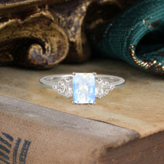 1 Carat Emerald Cut Natural Moonstone Engagement Ring Classic Side Stone Wedding Ring