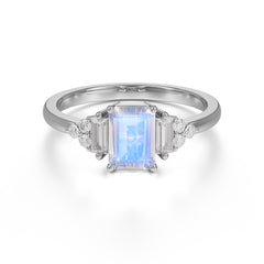 1 Carat Emerald Cut Moonstone Engagement Ring Classic Side Stone Wedding Ring