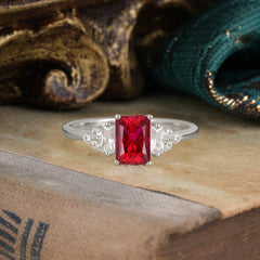 1 Carat Emerald Cut Ruby Engagement Ring Classic Side Stone Wedding Ring