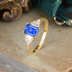 1 Carat Emerald Cut Sapphire Engagement Ring Classic Side Stone Wedding Ring