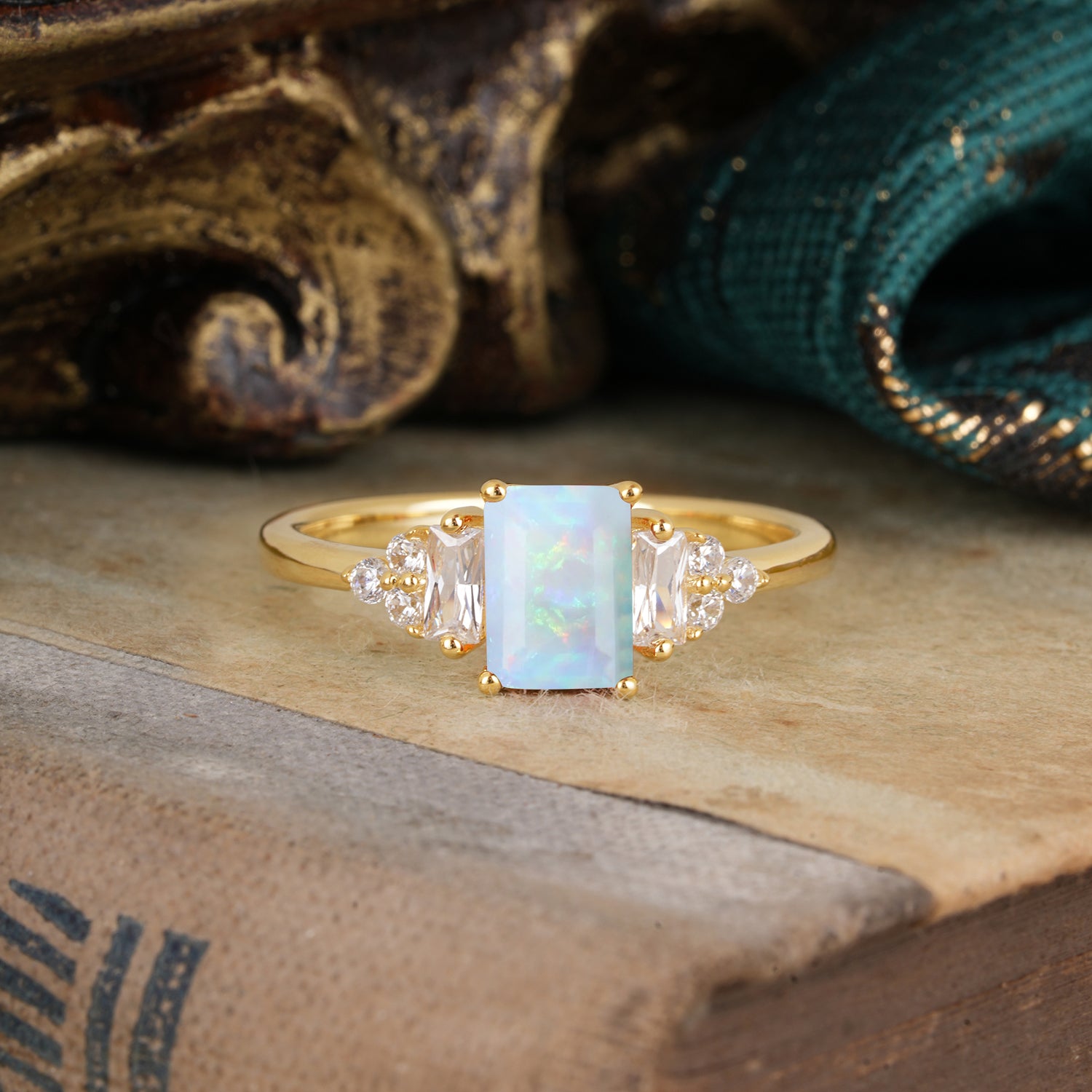 1 Carat Emerald Cut Opal Engagement Ring Classic Side Stone Engagement Ring