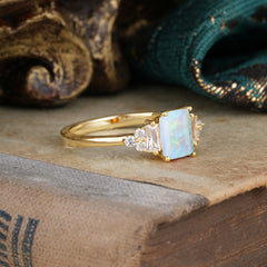 1 Carat Emerald Cut Opal Engagement Ring Classic Side Stone Wedding Ring