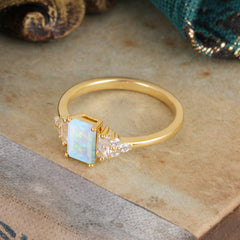 1 Carat Emerald Cut Opal Engagement Ring Classic Side Stone Wedding Ring