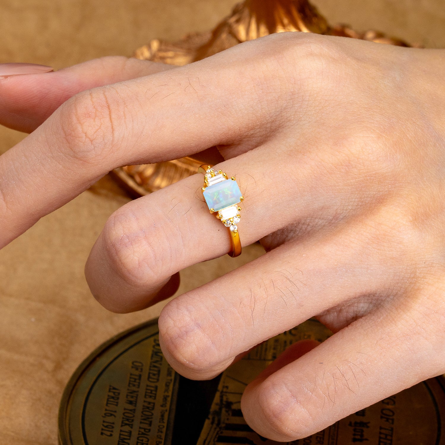 1 Carat Emerald Cut Opal Engagement Ring Classic Side Stone Engagement Ring