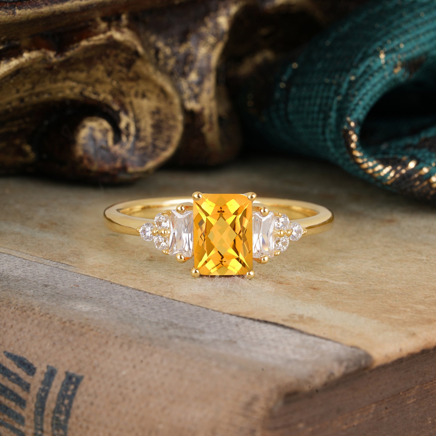 1 Carat Emerald Cut Citrine Engagement Ring Classic Side Stone Engagement Ring