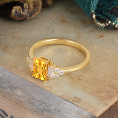 1 Carat Emerald Cut Citrine Engagement Ring Classic Side Stone Wedding Ring