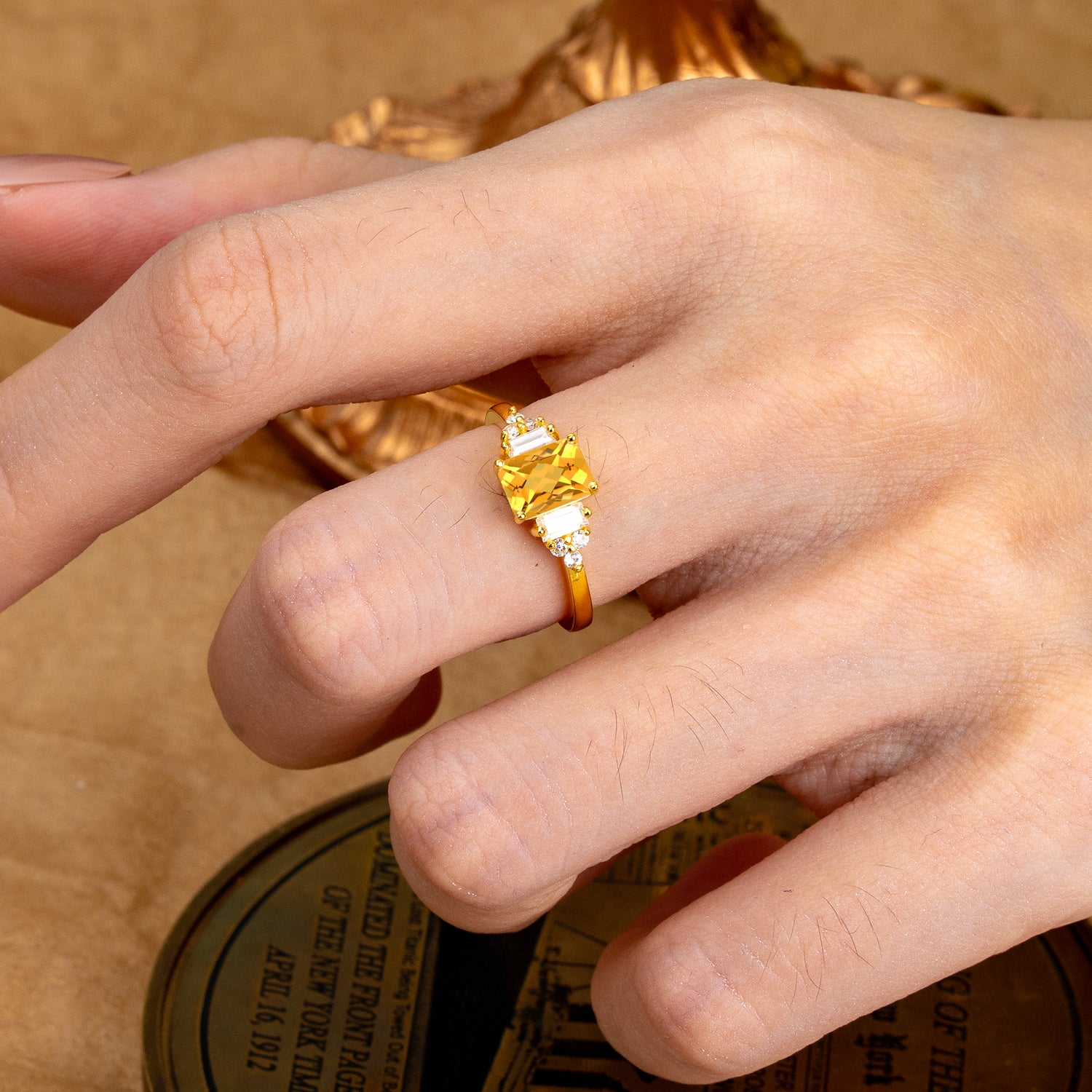 1 Carat Emerald Cut Citrine Engagement Ring Classic Side Stone Engagement Ring