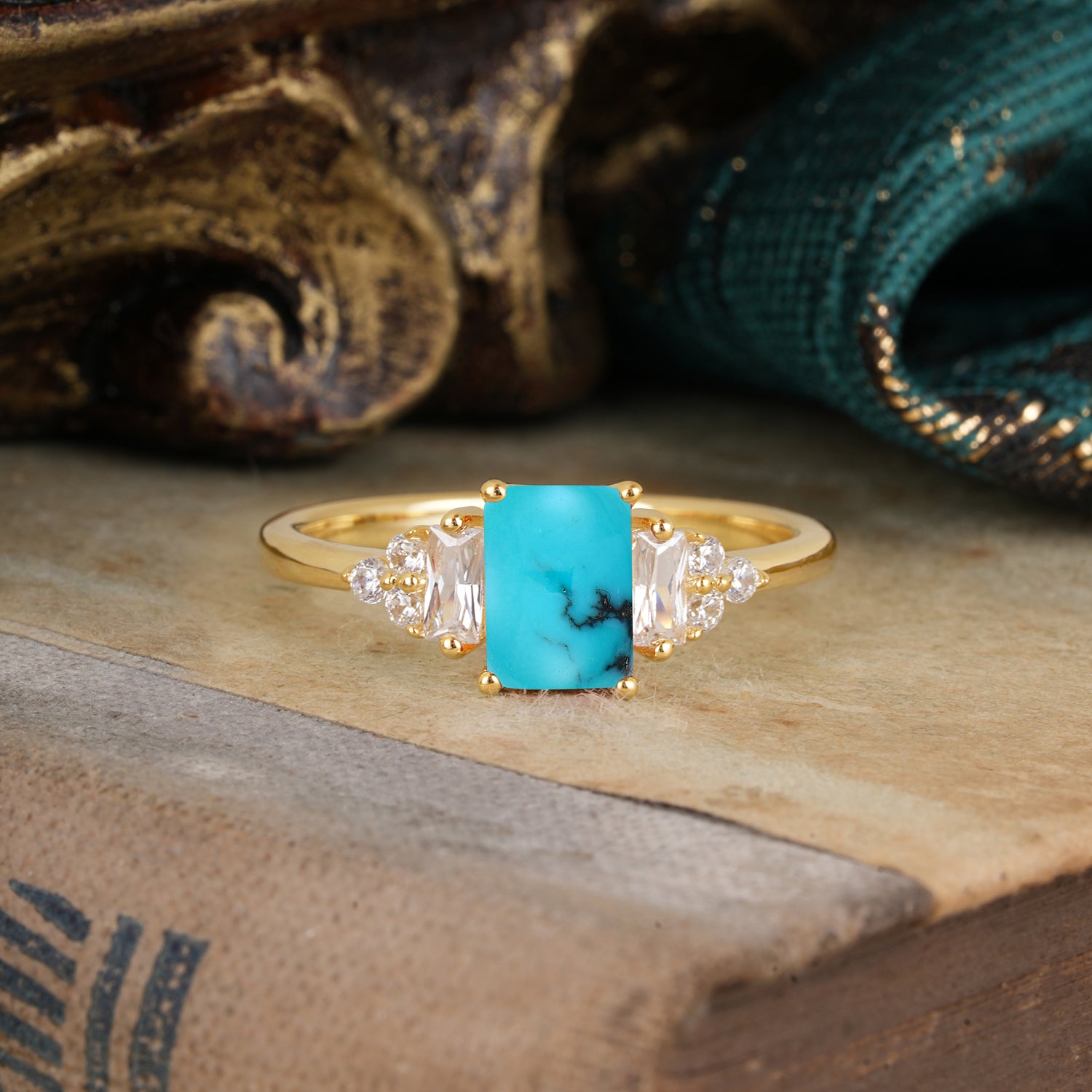 1 Carat Emerald Cut Turquoise Engagement Ring Classic Side Stone Engagement Ring
