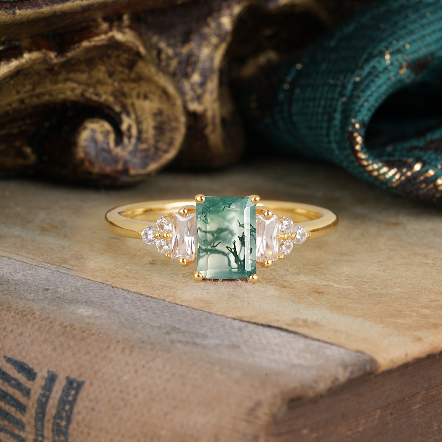 1 Carat Emerald Cut Moss Agate Engagement Ring Classic Side Stone Engagement Ring
