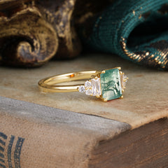1 Carat Emerald Cut Moss Agate Engagement Ring Classic Side Stone Wedding Ring