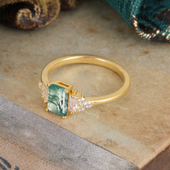 1 Carat Emerald Cut Moss Agate Engagement Ring Classic Side Stone Wedding Ring