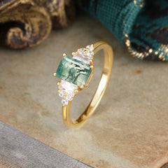 1 Carat Emerald Cut Moss Agate Engagement Ring Classic Side Stone Wedding Ring