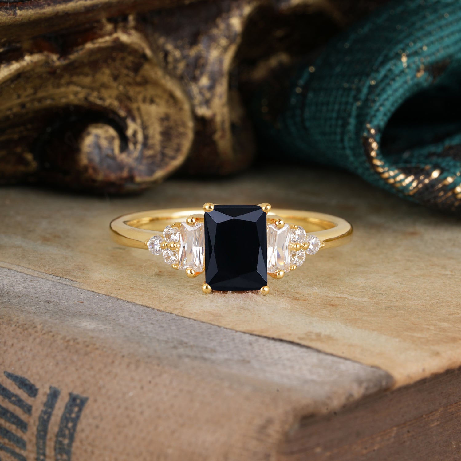 1 Carat Emerald Cut Black Onyx Engagement Ring Classic Side Stone Engagement Ring