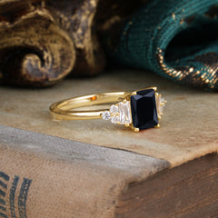1 Carat Emerald Cut Black Onyx Engagement Ring Classic Side Stone Wedding Ring