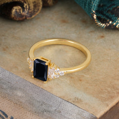 1 Carat Emerald Cut Black Onyx Engagement Ring Classic Side Stone Wedding Ring