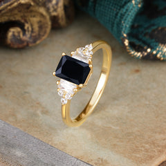 1 Carat Emerald Cut Black Onyx Engagement Ring Classic Side Stone Wedding Ring