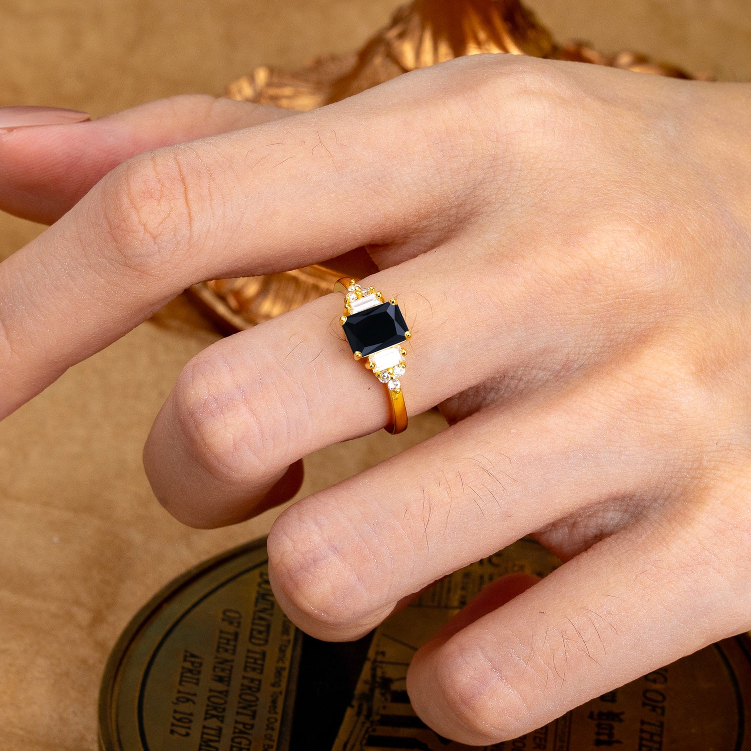 1 Carat Emerald Cut Black Onyx Engagement Ring Classic Side Stone Engagement Ring