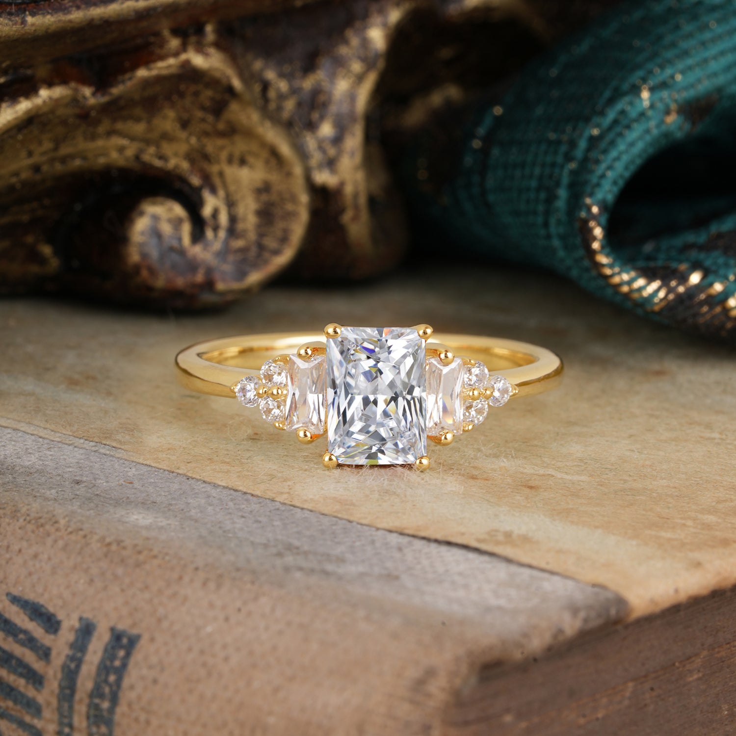 1 Carat Emerald Cut Lab Diamond Engagement Ring Classic Side Stone Engagement Ring