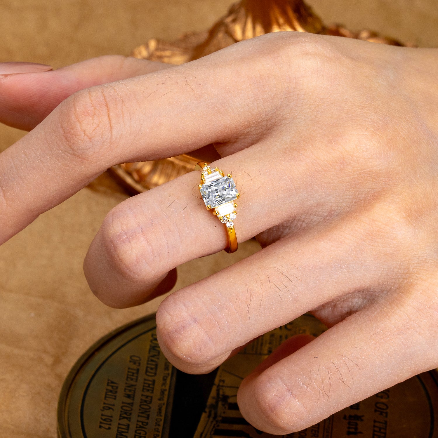 1 Carat Emerald Cut Lab Diamond Engagement Ring Classic Side Stone Engagement Ring