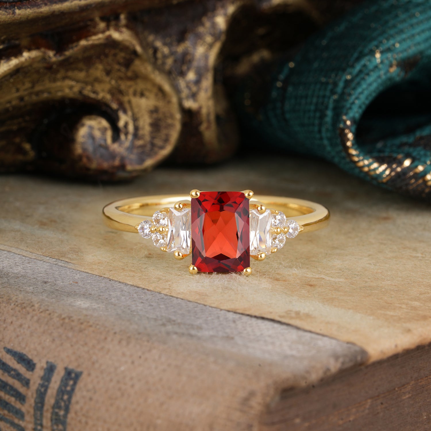 1 Carat Emerald Cut Garnet Engagement Ring Classic Side Stone Engagement Ring