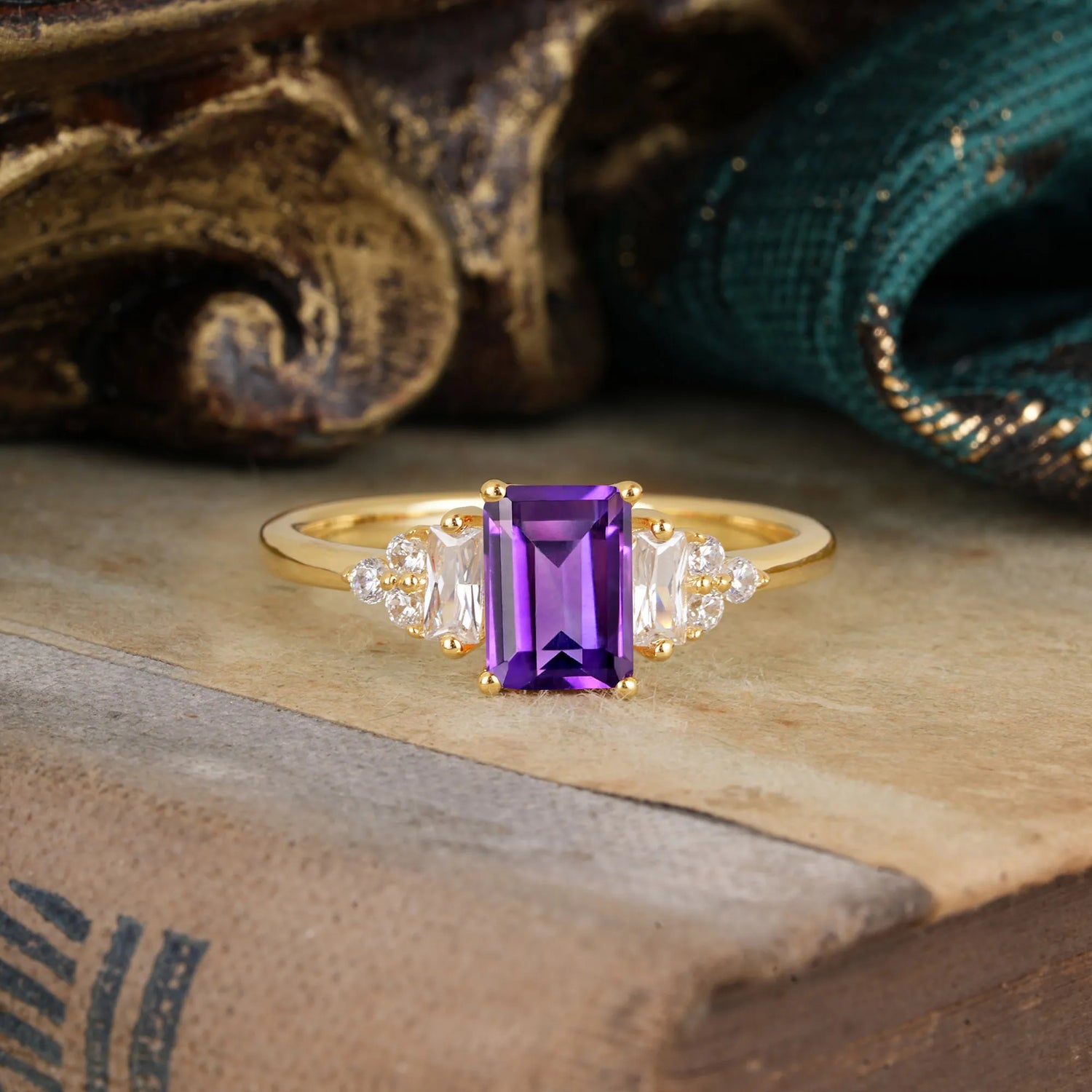 1 Carat Emerald Cut Amethyst Engagement Ring Classic Side Stone Engagement Ring