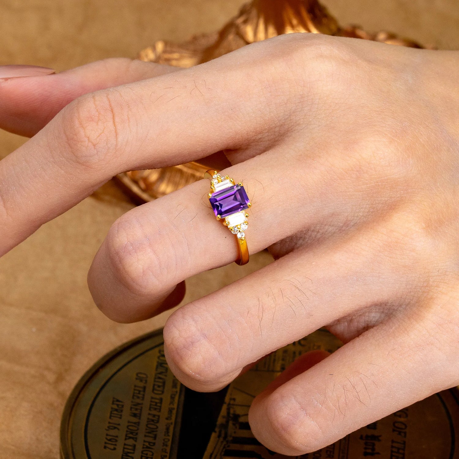 1 Carat Emerald Cut Amethyst Engagement Ring Classic Side Stone Engagement Ring