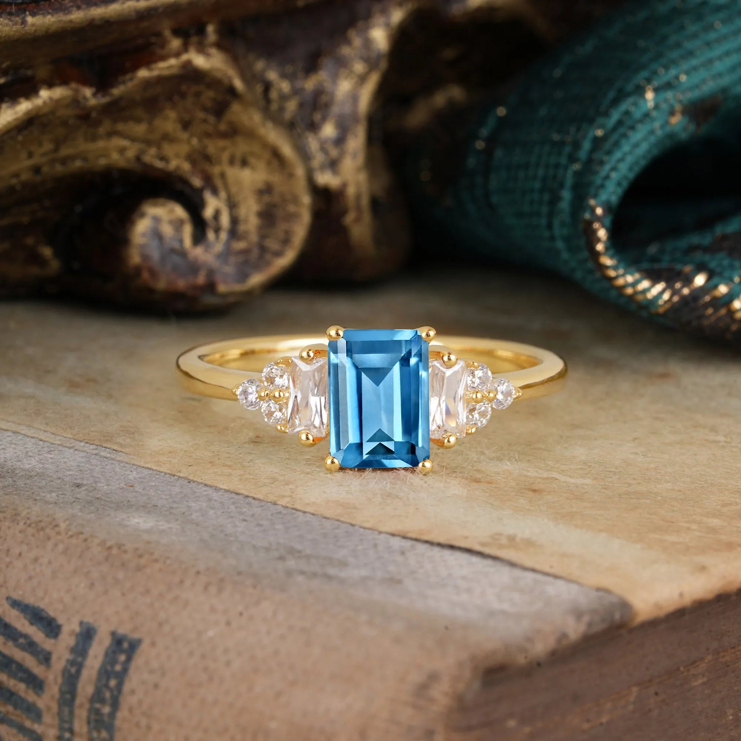 1 Carat Emerald Cut Aquamarine Engagement Ring Classic Side Stone Engagement Ring