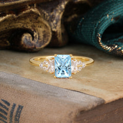 1 Carat Emerald Cut Aquamarine Engagement Ring Classic Side Stone Wedding Ring