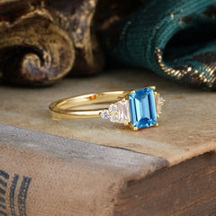 1 Carat Emerald Cut Aquamarine Engagement Ring Classic Side Stone Wedding Ring