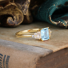 1 Carat Emerald Cut Aquamarine Engagement Ring Classic Side Stone Wedding Ring