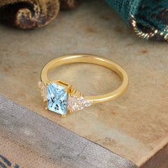 1 Carat Emerald Cut Aquamarine Engagement Ring Classic Side Stone Wedding Ring