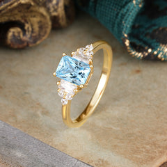 1 Carat Emerald Cut Aquamarine Engagement Ring Classic Side Stone Wedding Ring