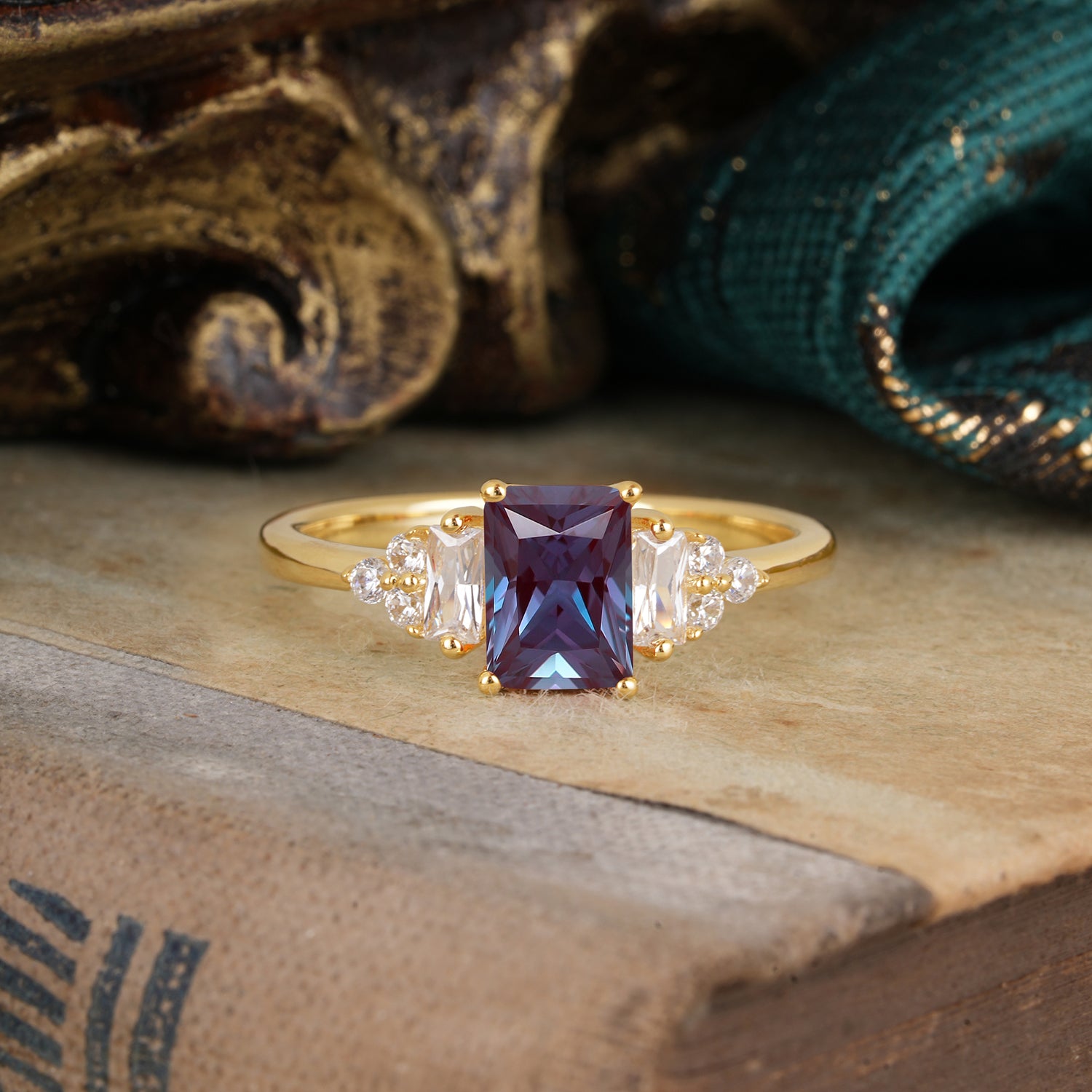 1 Carat Emerald Cut Alexandrite Engagement Ring Classic Side Stone Engagement Ring