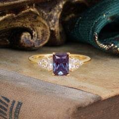 1 Carat Emerald Cut Alexandrite Engagement Ring Classic Side Stone Wedding Ring